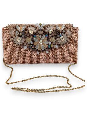 David Jeffrey Rose Gold Beaded Flowers Convertible Evening Clutch Chain Strap